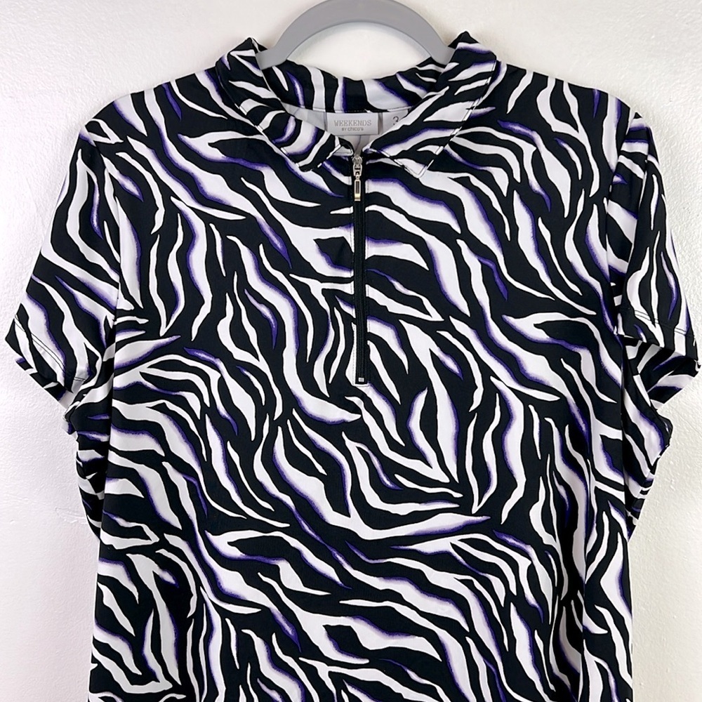 Chico’s Women US 16/18 XL Stretchy Half Zip Collar Short Sleeve Zebra Print Top - Picture 4 of 8